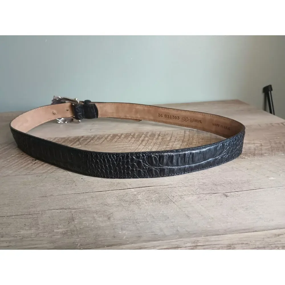Brighton Womens Alligator Buckle Embossed Leather Belt 36 Luxury Exotic Western
